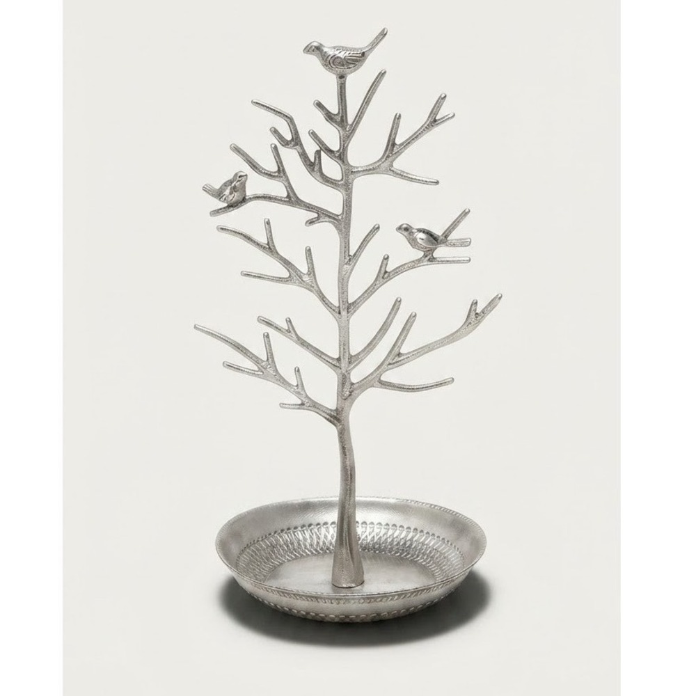 Home Elements 2014 Silver Bird Jewelry Tree Stand Metal Organizer Tray Catch-All